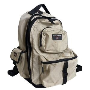 90s Polo Sport Ralph Lauren Multipocket American Flag Nylon Backpack Khaki Tan